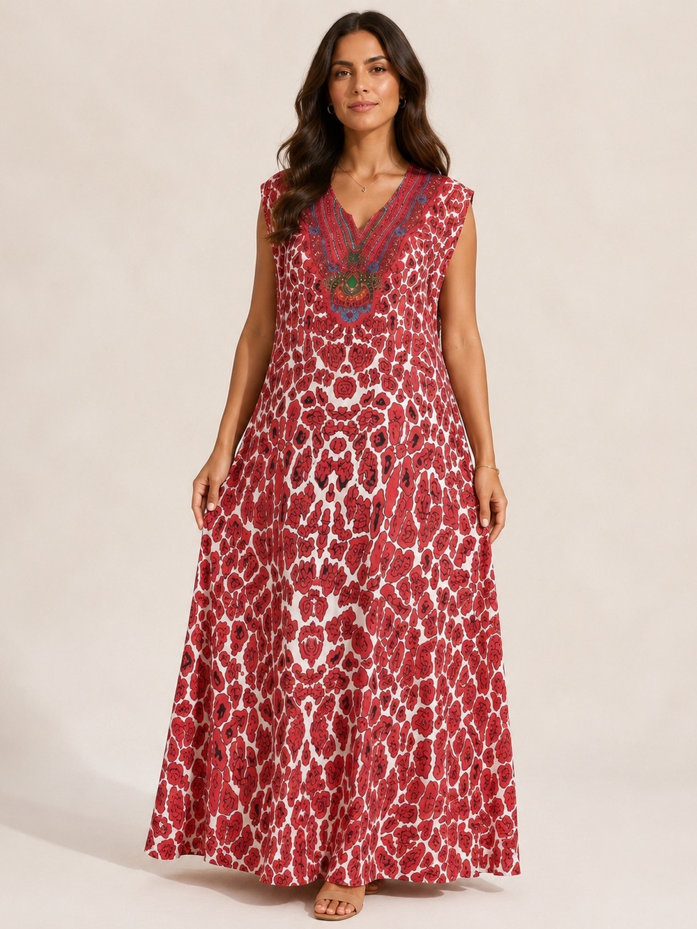 Goddess Women's One Size Embellished Kaftan
Maxi Dress - Red Animal Print Boho